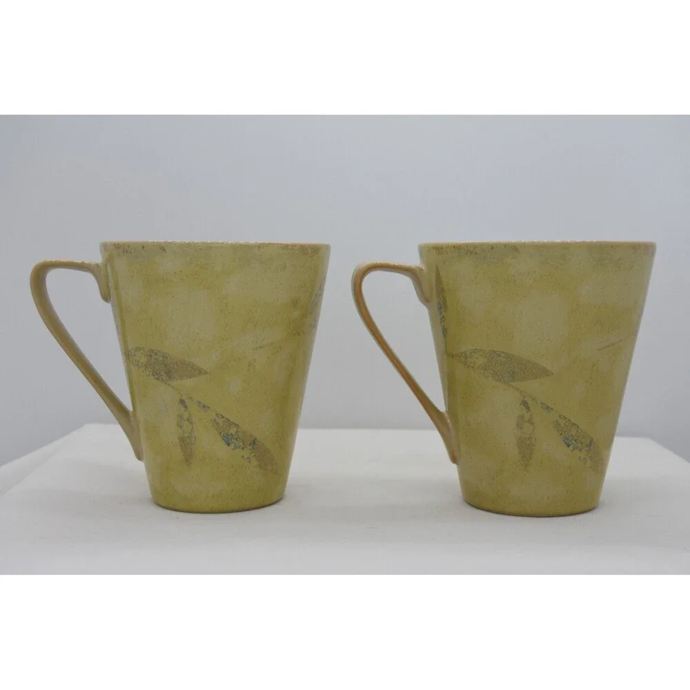 Two Pier One Stoneware Brown Antiqued Leaf 12 oz Mug Cup
